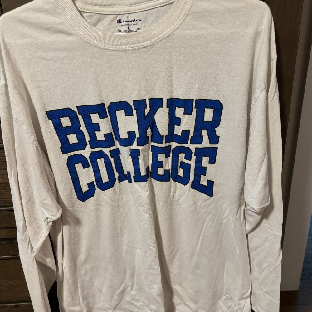 Champion White Long Sleeve with Blue Becker College Print